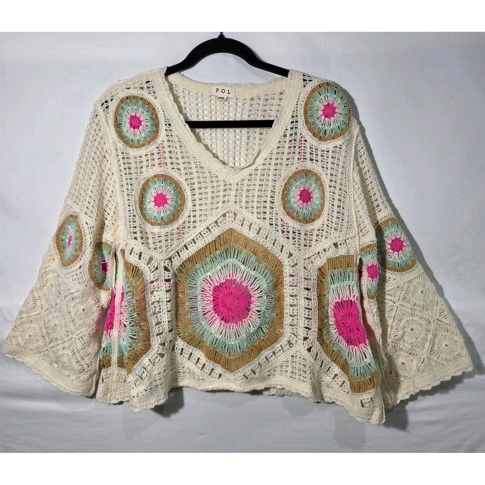 POL Crochet Granny Square Open Weave OS Sweater Womens Cream Multi Boho Cover Up
